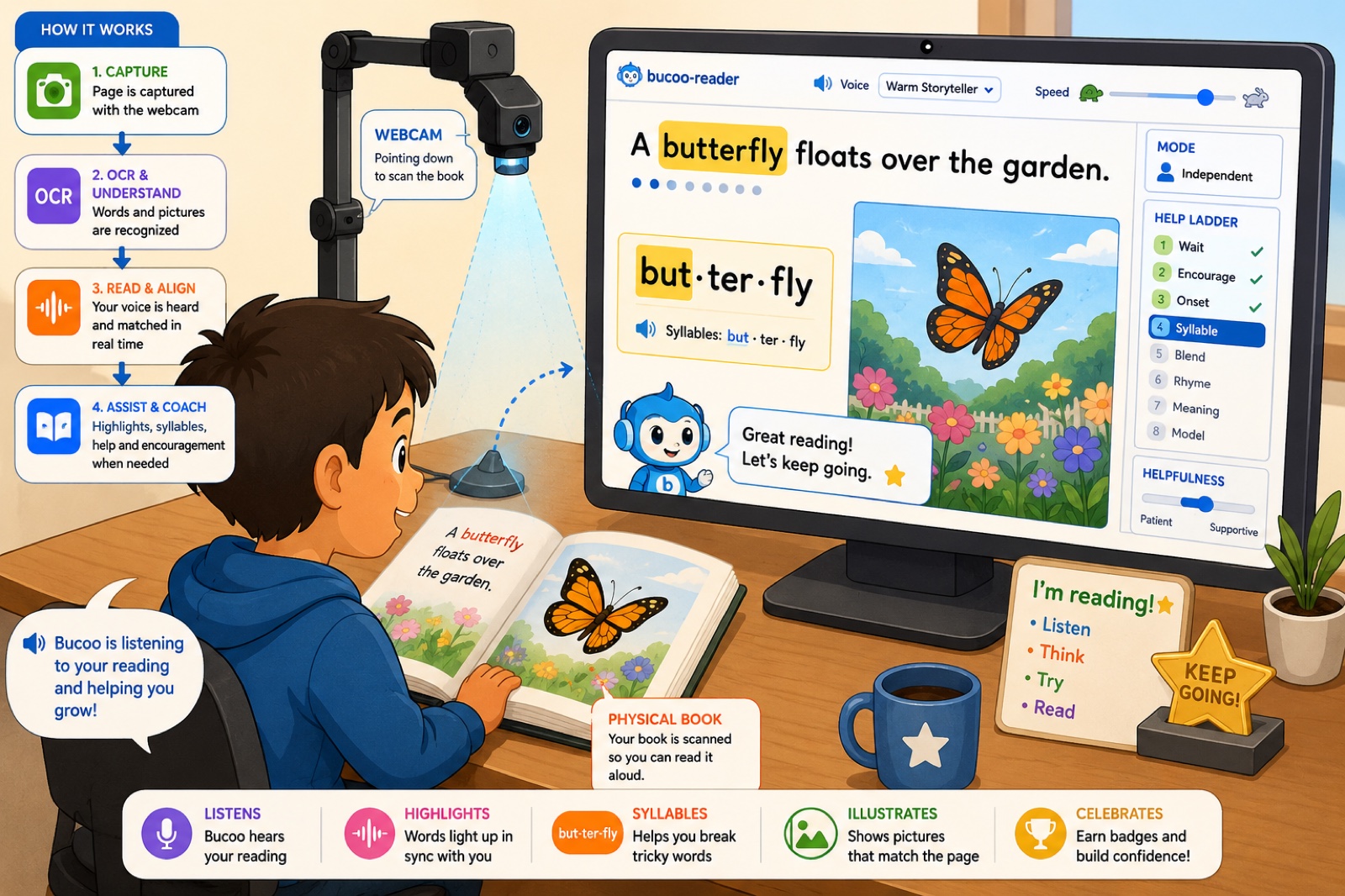 Diagram of how bucoo works: 1 Capture — the page is scanned with the webcam; 2 OCR & understand — words and pictures are recognised; 3 Read & align — the child's voice is heard and matched in real time; 4 Assist & coach — bucoo highlights words, shows syllables, and gives help and encouragement, climbing a gentle step-in ladder from Wait to Model only when needed. A voice and speed selector, reading mode, and a patient–supportive helpfulness dial are shown.